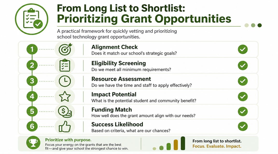 A visual framework graphic for vetting and prioritizing school technology grant opportunities using six clear steps.