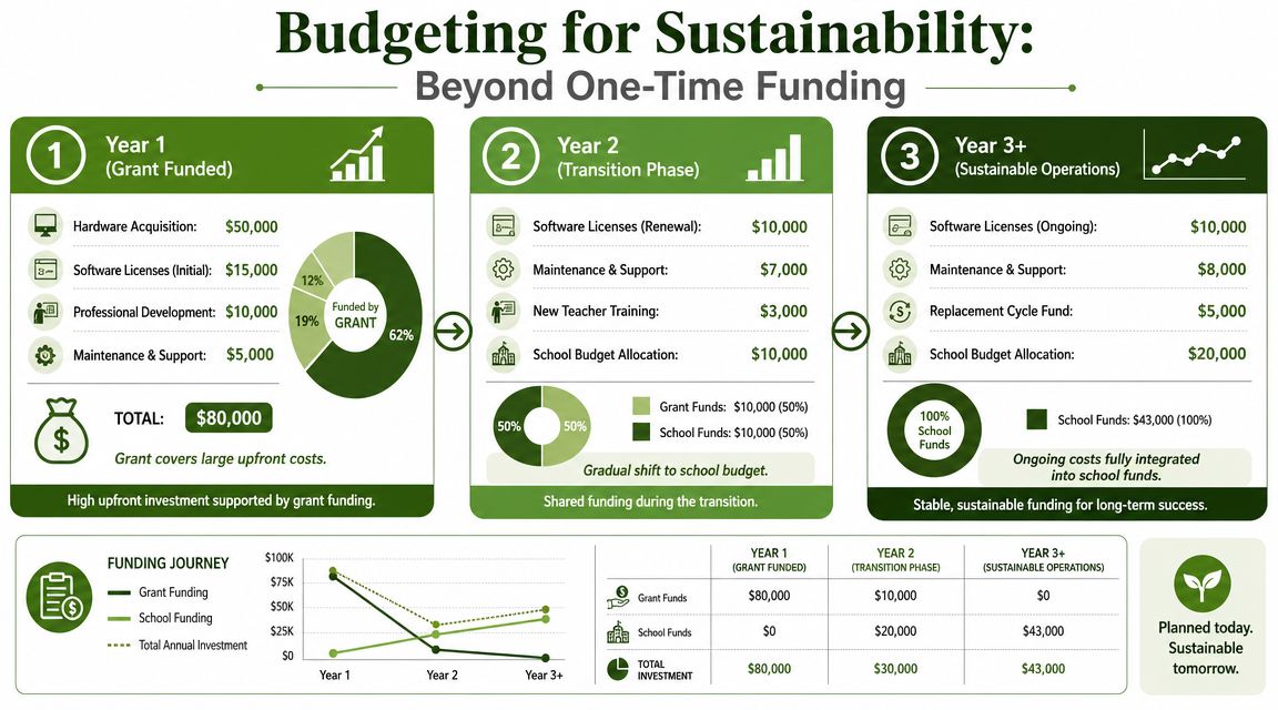 An infographic detailing the three-year financial transition from grant funding to sustainable school budget allocations for technology.