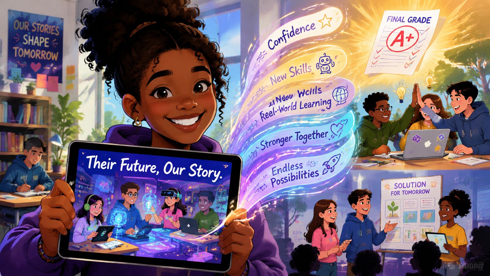 A cheerful girl holds a tablet displaying students learning with advanced technology and future-focused educational concepts.