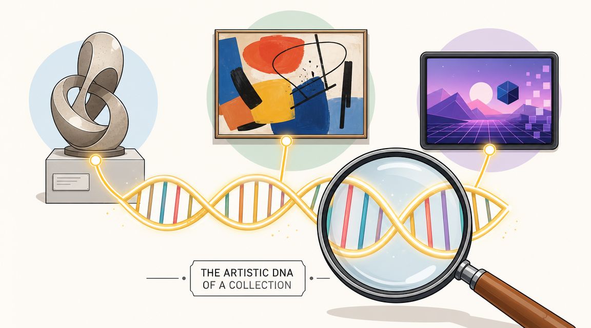 A magnifying glass inspecting a glowing DNA strand connecting a sculpture, an abstract painting, and digital art.