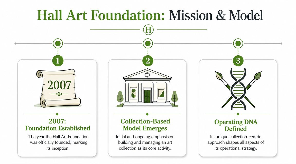 A timeline graphic showing the history and operating model of the Hall Art Foundation since 2007.