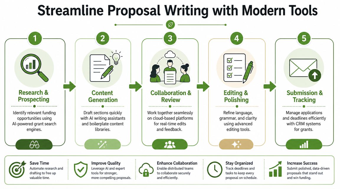 A five-step infographic showing how to streamline proposal writing using modern tools and AI technology.
