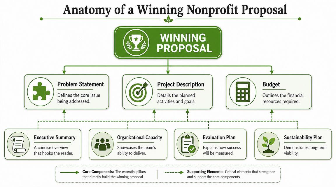 An infographic titled Anatomy of a Winning Nonprofit Proposal outlining core and supporting components for grant applications.