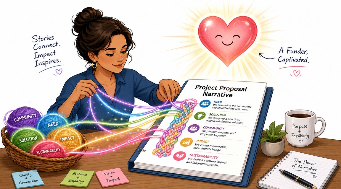 A woman weaving yarn strings into a project proposal narrative document for a captivated funder.