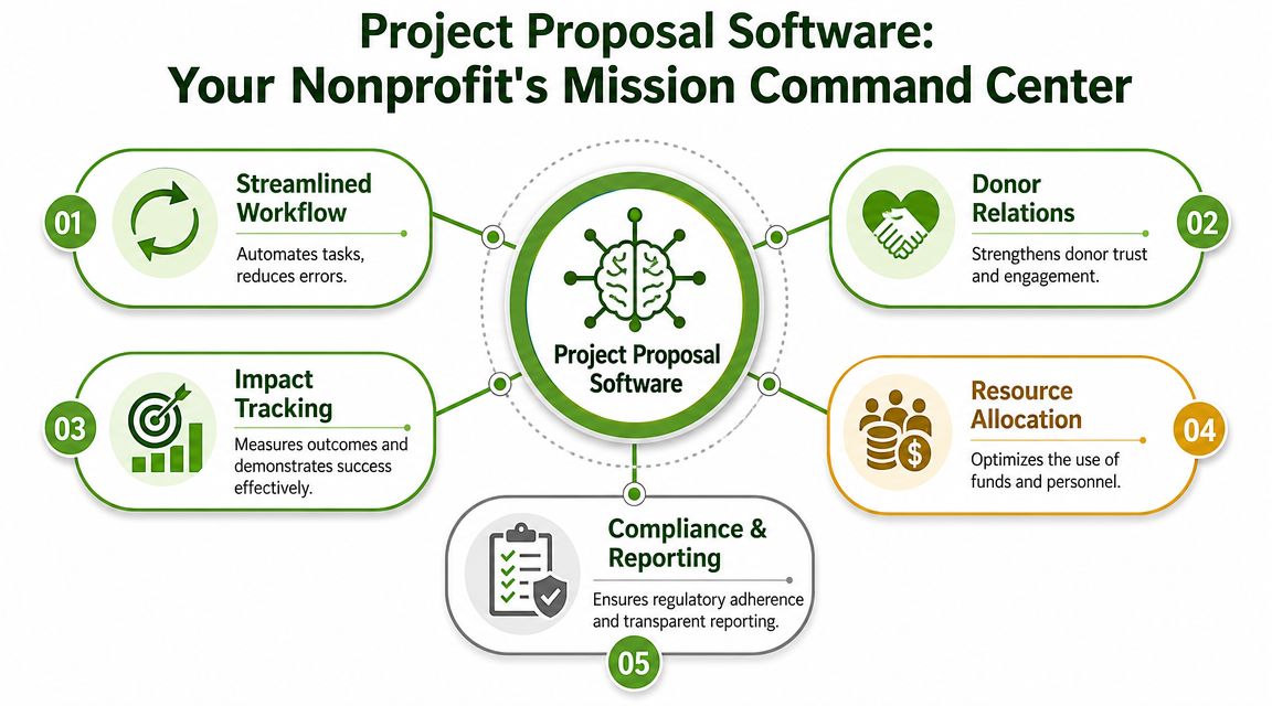 A diagram illustrating five key benefits of project proposal software for nonprofit organizations in a circular layout.