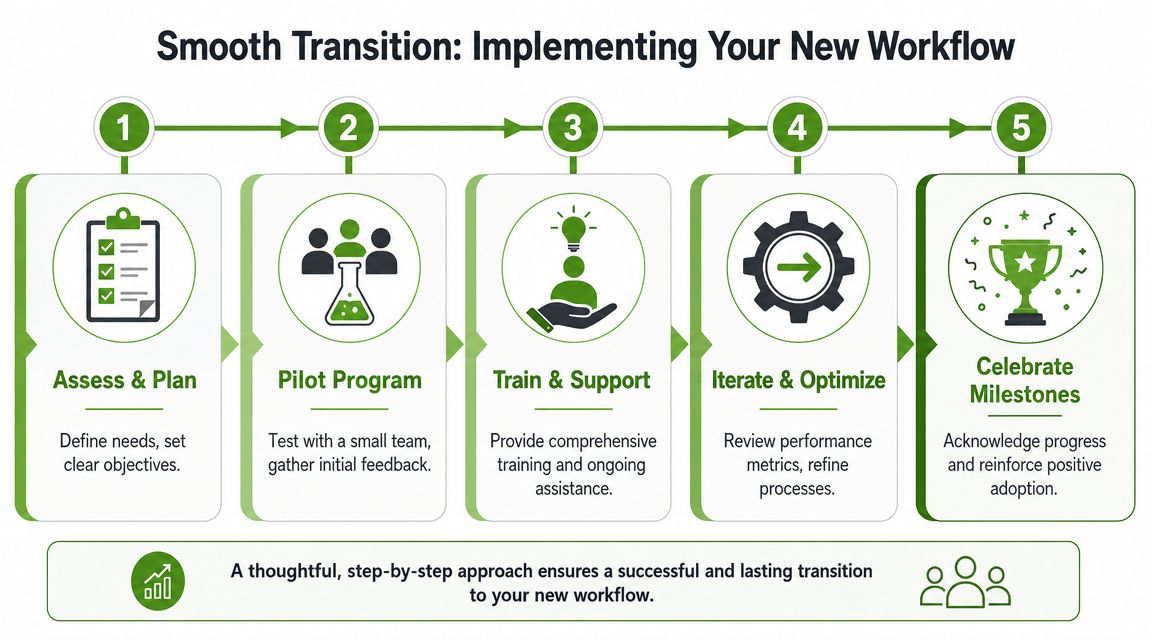 A five-step infographic showing a process for implementing a new organizational workflow, from assessment to celebrating milestones.