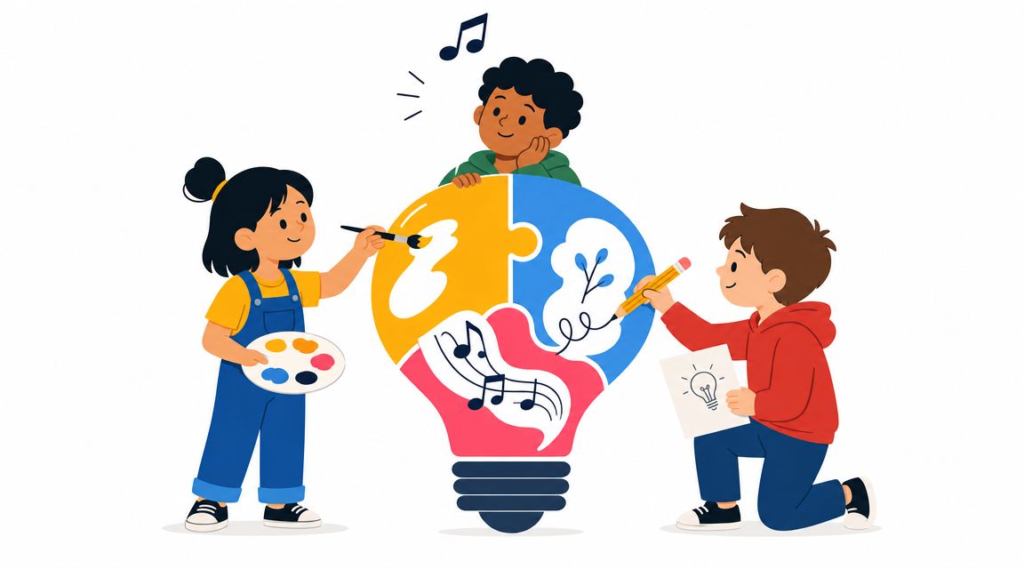 Three children working together to paint and illustrate a large, colorful jigsaw puzzle shaped like a bulb.