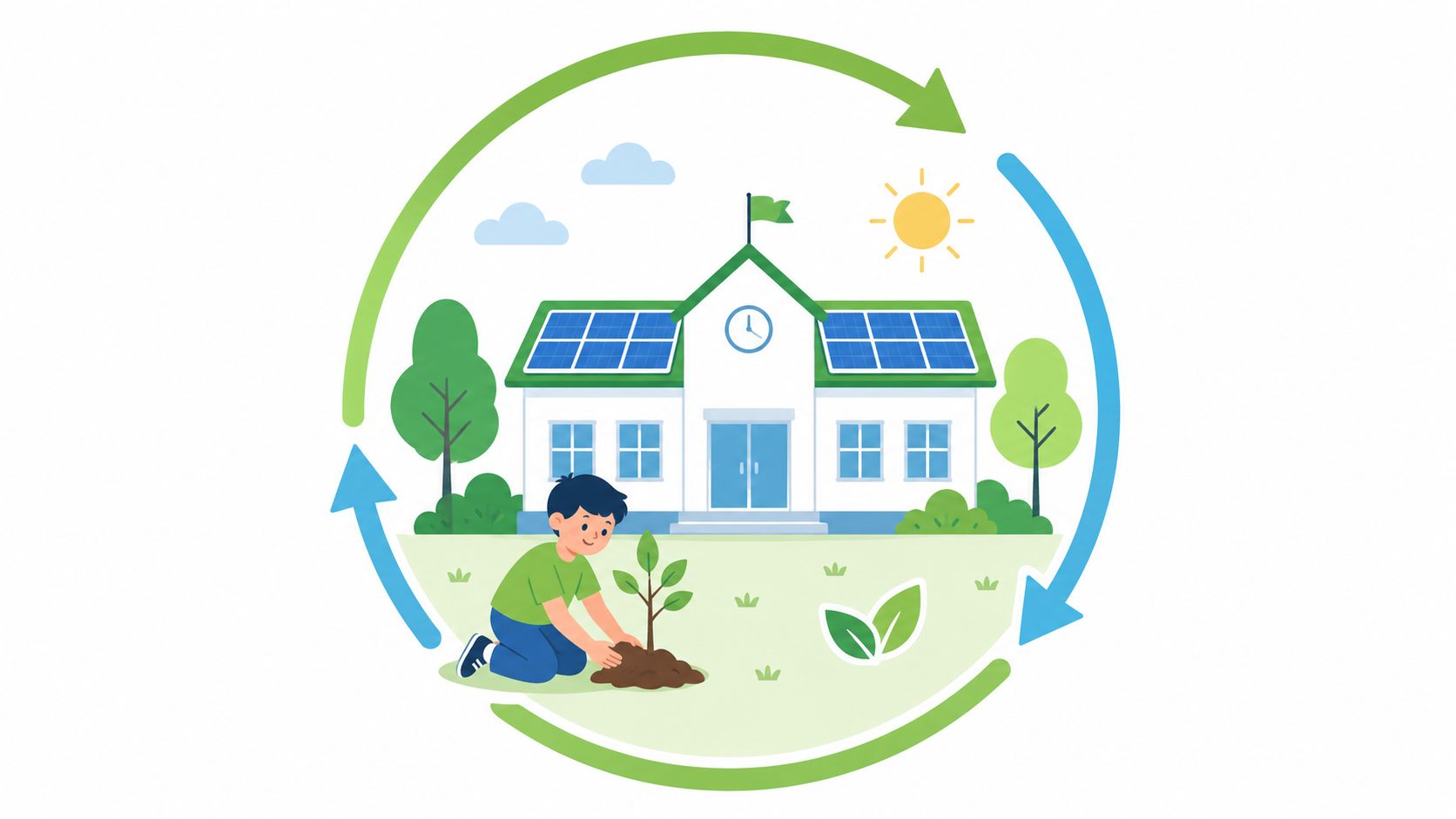 A young boy planting a small tree in front of a school building with solar panels on roof.