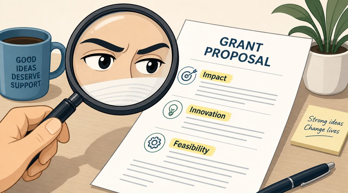 A hand holds a magnifying glass over a Grant Proposal document with sections for impact, innovation, and feasibility.