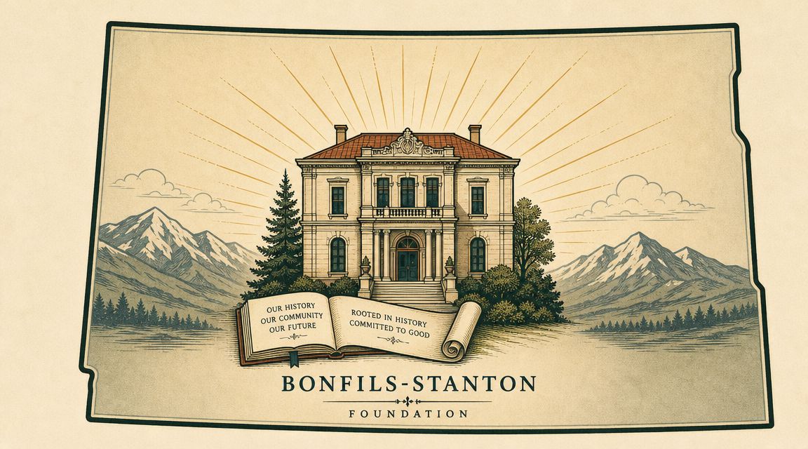 An illustration of the Bonfils-Stanton Foundation logo featuring a historic mansion, mountains, and an open book.