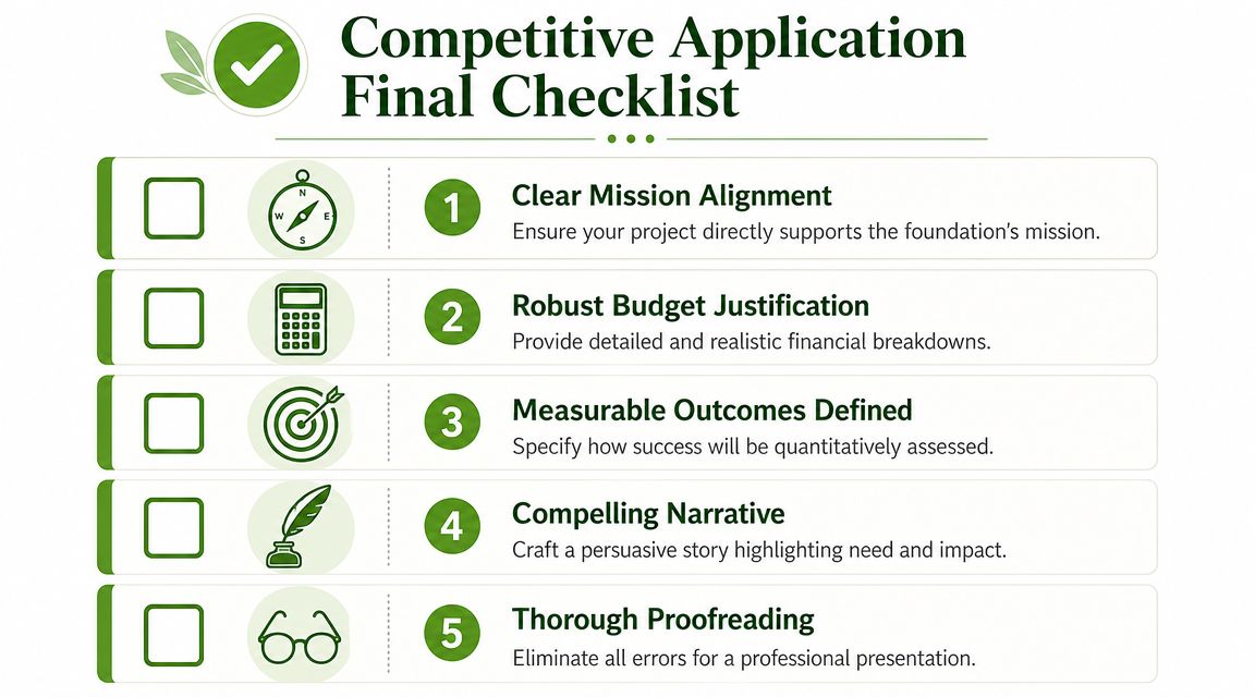A five-point competitive application checklist designed for grant seekers to ensure high-quality project proposals.