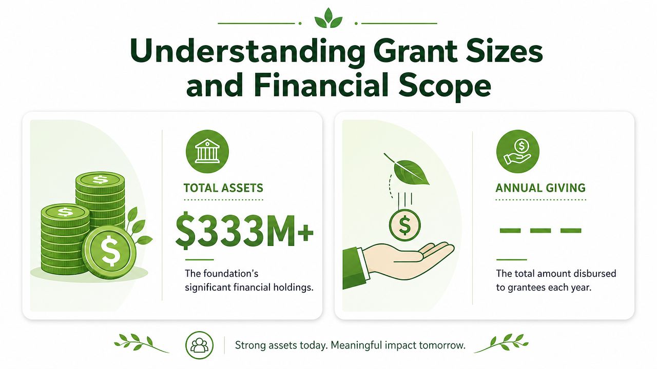 An infographic titled Understanding Grant Sizes and Financial Scope displaying total assets and annual giving statistics.