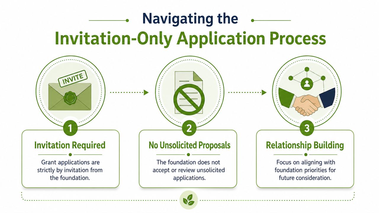 A diagram outlining the three-step invitation-only grant application process for the Arthur Gilbert Foundation.