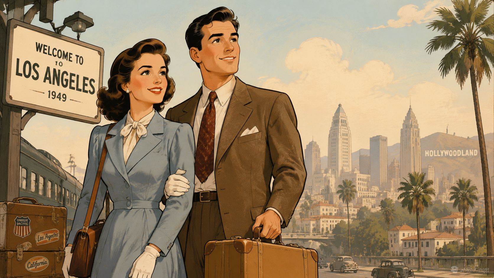A nostalgic 1949 illustration of a stylish couple arriving in Los Angeles with suitcases by a train.