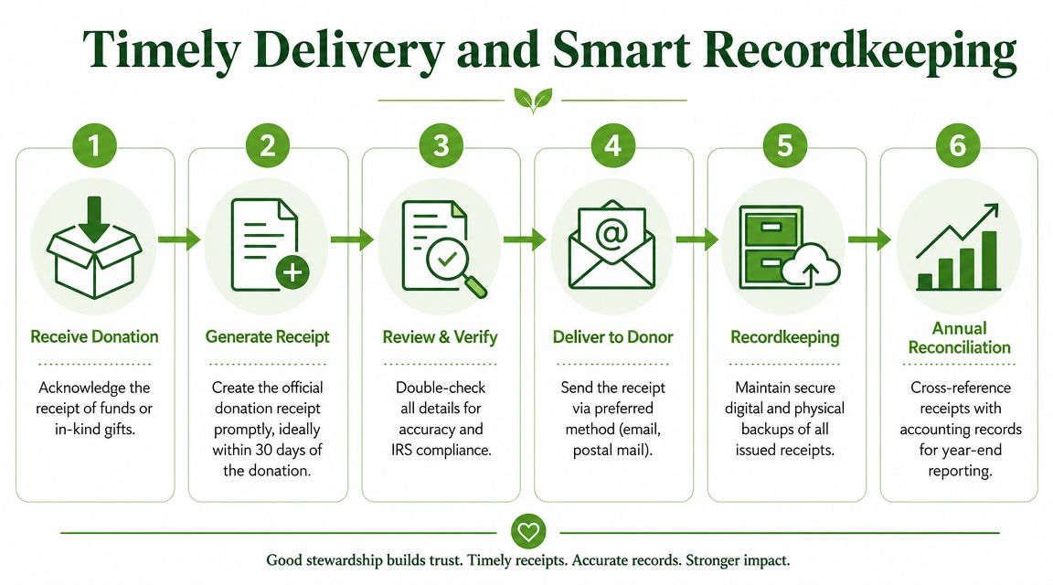A six-step infographic illustrating the process of receiving donations, generating receipts, and maintaining accurate financial records.