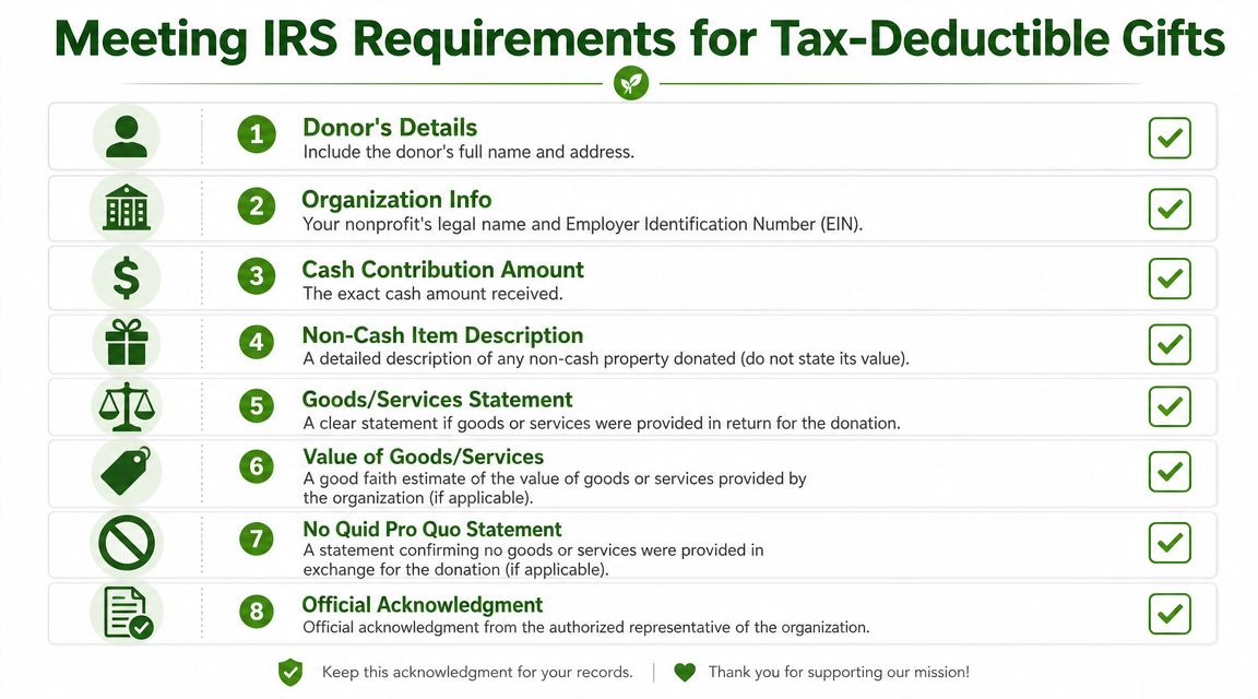 An infographic checklist outlining the eight essential IRS requirements for documenting tax-deductible charitable donations.