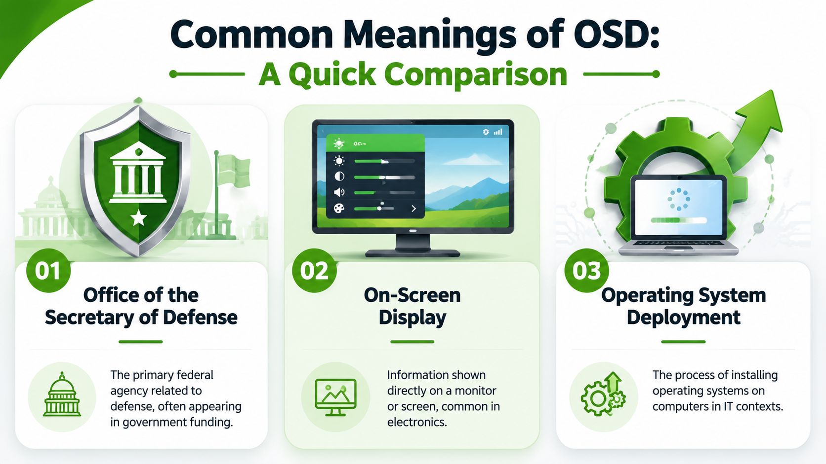 A visual comparison infographic explaining three common meanings of the acronym OSD: defense, electronics, and IT deployment.