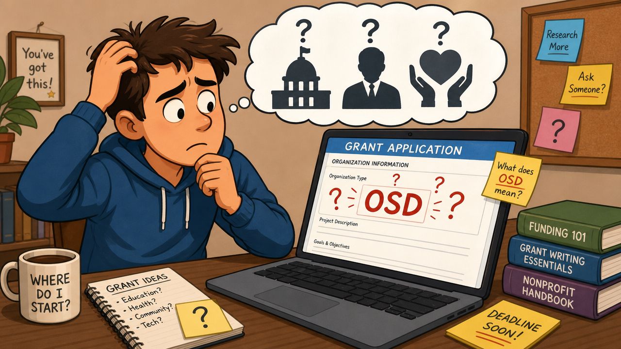 A confused young man looking at a grant application form on a laptop, wondering about OSD meaning.