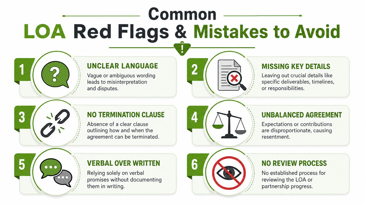 A list of six common red flags and mistakes to avoid when creating Letters of Agreement.