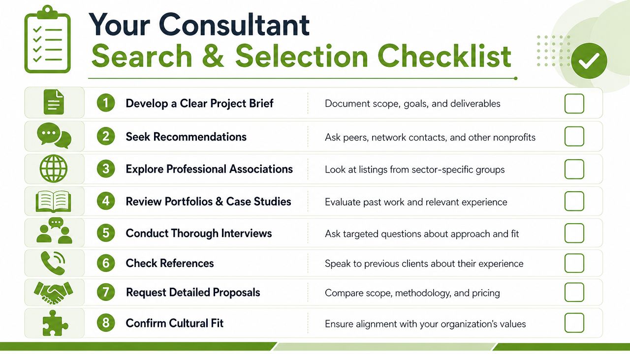 A green checklist infographic outlining eight steps for searching and selecting consultants for nonprofit organizations.