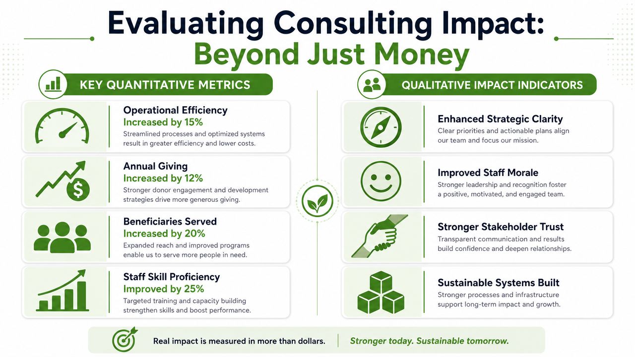 An infographic titled Evaluating Consulting Impact showing quantitative and qualitative metrics for measuring organizational success.