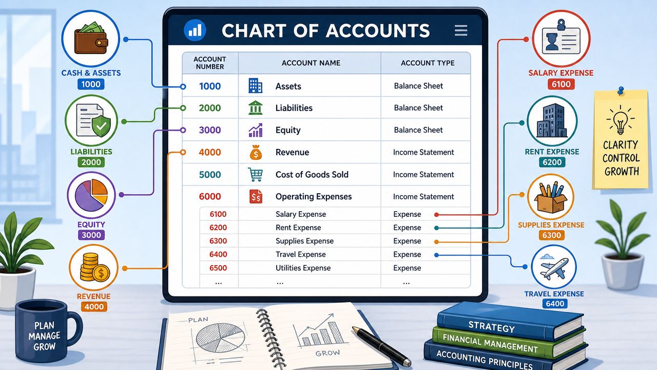 A visual guide illustrating the structure of a company chart of accounts including assets, liabilities, and expenses.