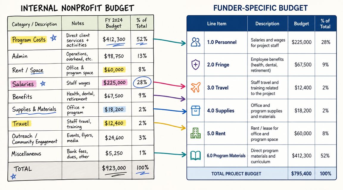 A comparison chart showing how an internal nonprofit budget translates into a funder-specific project budget.