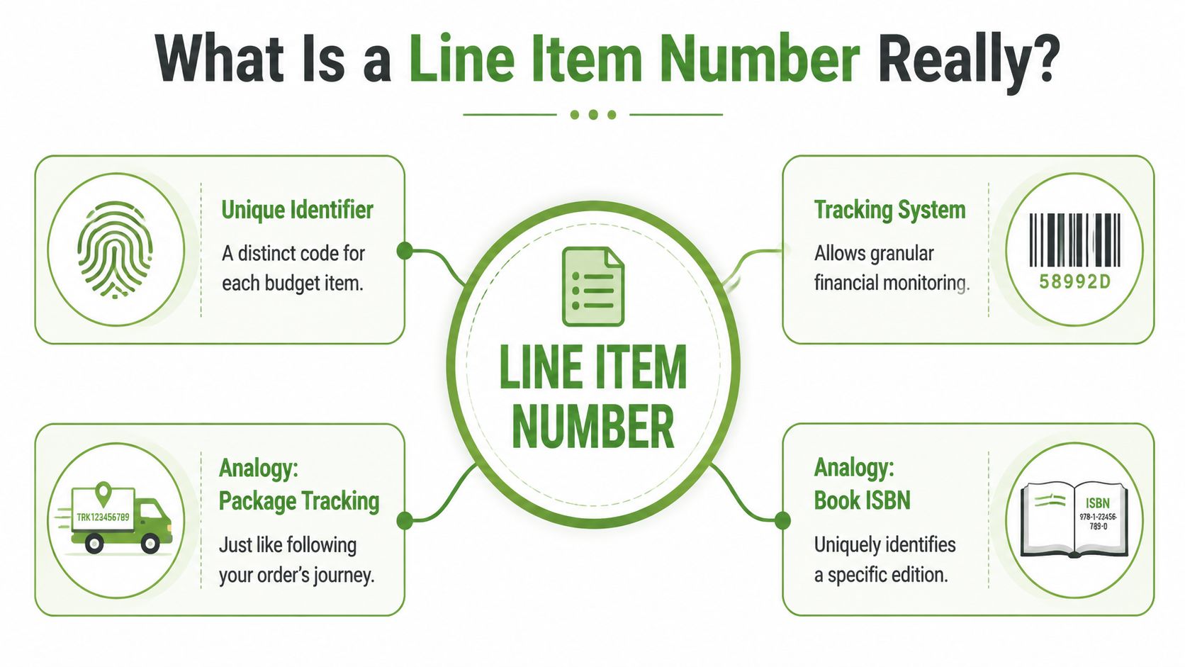 An infographic explaining that a line item number acts as a unique identifier for financial budget tracking.