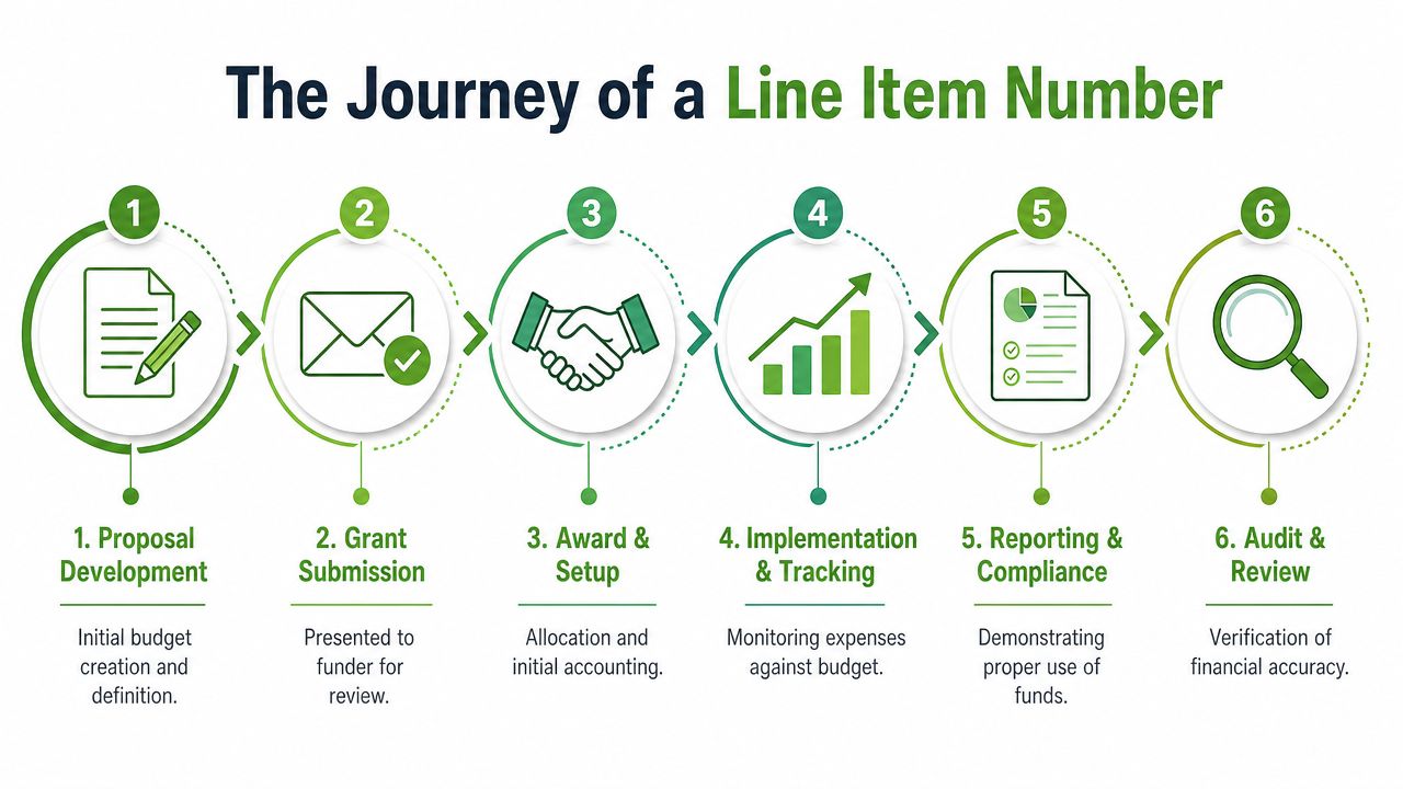 A six-step infographic illustrating the lifecycle of a line item number in a grant financial process.