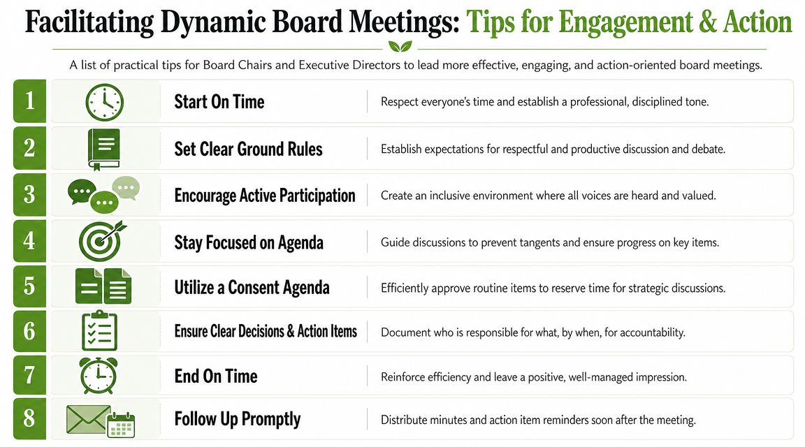 An infographic titled Facilitating Dynamic Board Meetings listing eight practical tips for effective and engaging board meetings.