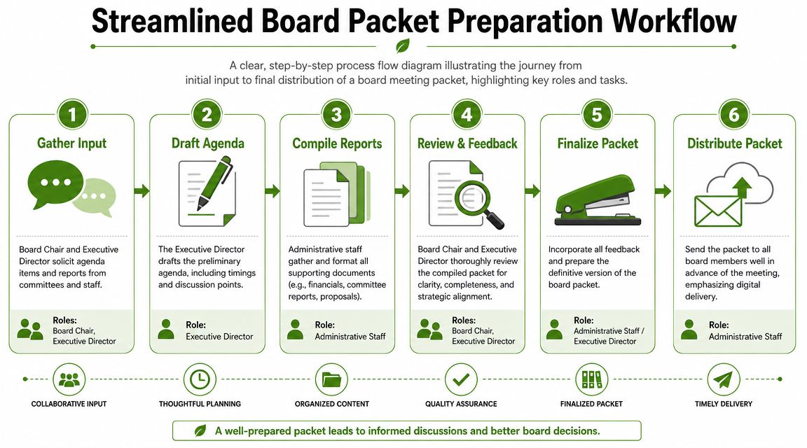 A six-step infographic illustrating the streamlined workflow for preparing a professional nonprofit board meeting packet.