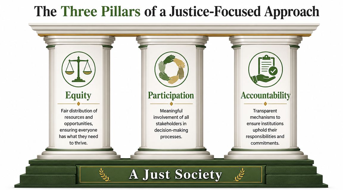 An illustration showing three pillars labeled Equity, Participation, and Accountability, representing the foundation for a just society.