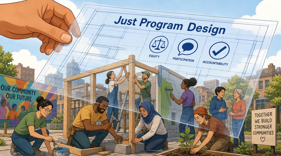 A diverse group of people builds a community structure under a blueprint titled Just Program Design.