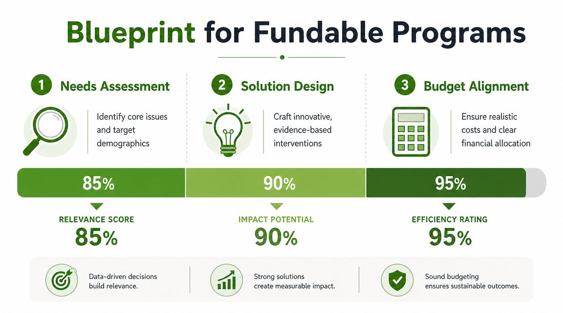 A diagram titled Blueprint for Fundable Programs outlining three essential steps for securing grant funding for projects.
