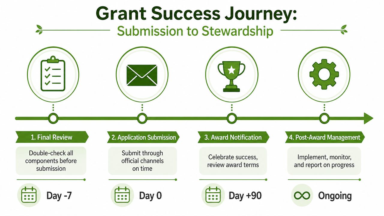 An infographic showing the four-step grant success journey from initial review to post-award management.