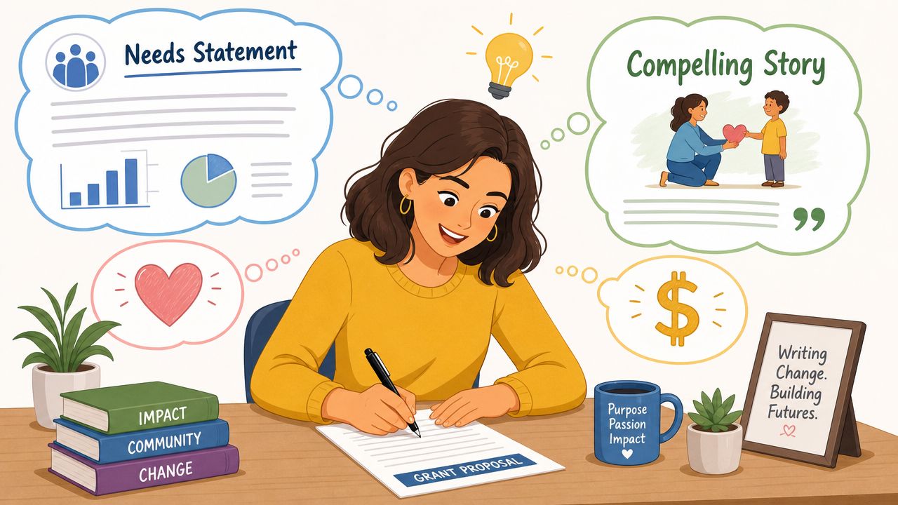 A woman writing a grant proposal at her desk, surrounded by elements of storytelling and community impact.