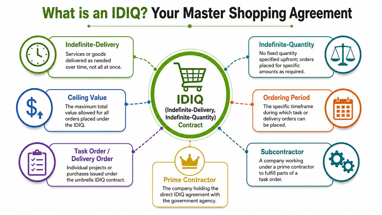 An infographic titled What is an IDIQ explaining the components of an Indefinite-Delivery, Indefinite-Quantity contract.