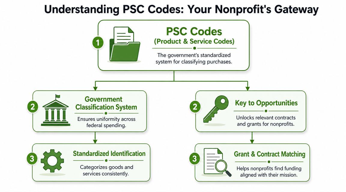 A flowchart explaining how PSC codes help nonprofits identify and match with federal government funding opportunities.