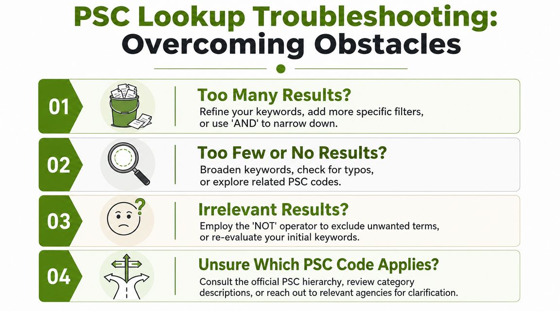 A guide for troubleshooting PSC lookup challenges, offering tips for refining searches and finding relevant codes.