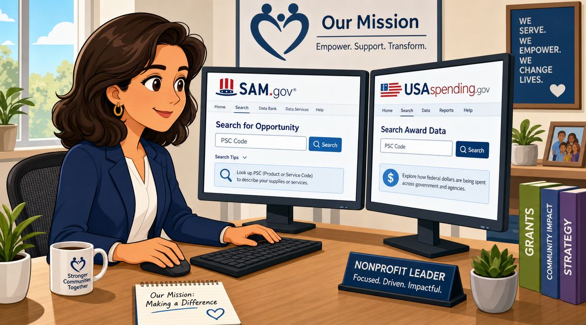 A professional woman uses computer monitors to look up federal PSC codes for nonprofit grant opportunities.