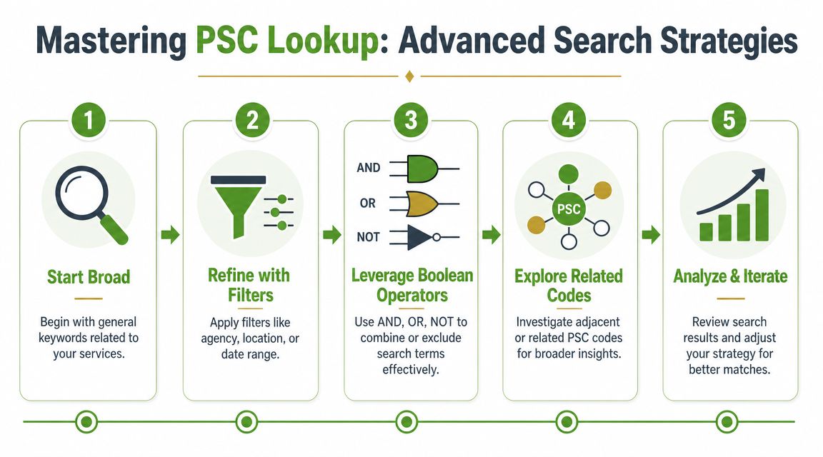 An infographic titled Mastering PSC Lookup illustrating five steps for advanced search strategies for procurement codes.