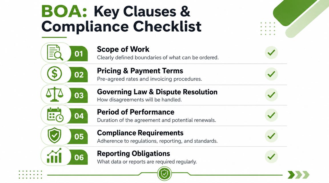 A checklist infographic outlining key clauses and compliance requirements for a Basic Ordering Agreement.