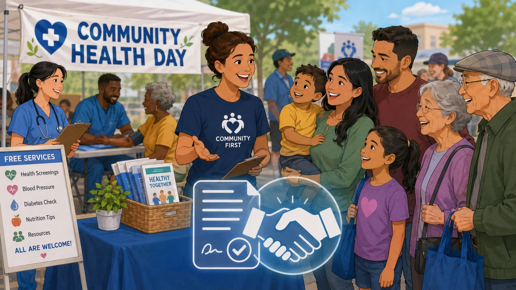 A diverse community health fair event where families and elderly people gather for health screenings and resources.