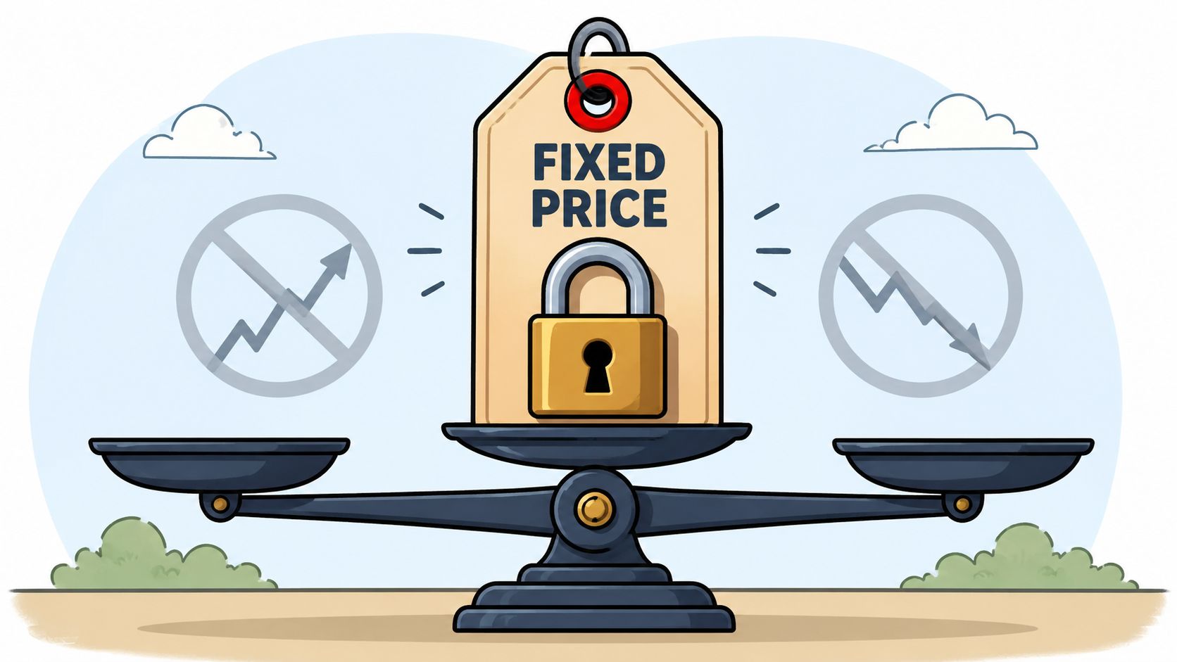 A conceptual illustration of a scale holding a fixed price tag with a locked padlock, symbolizing stability.