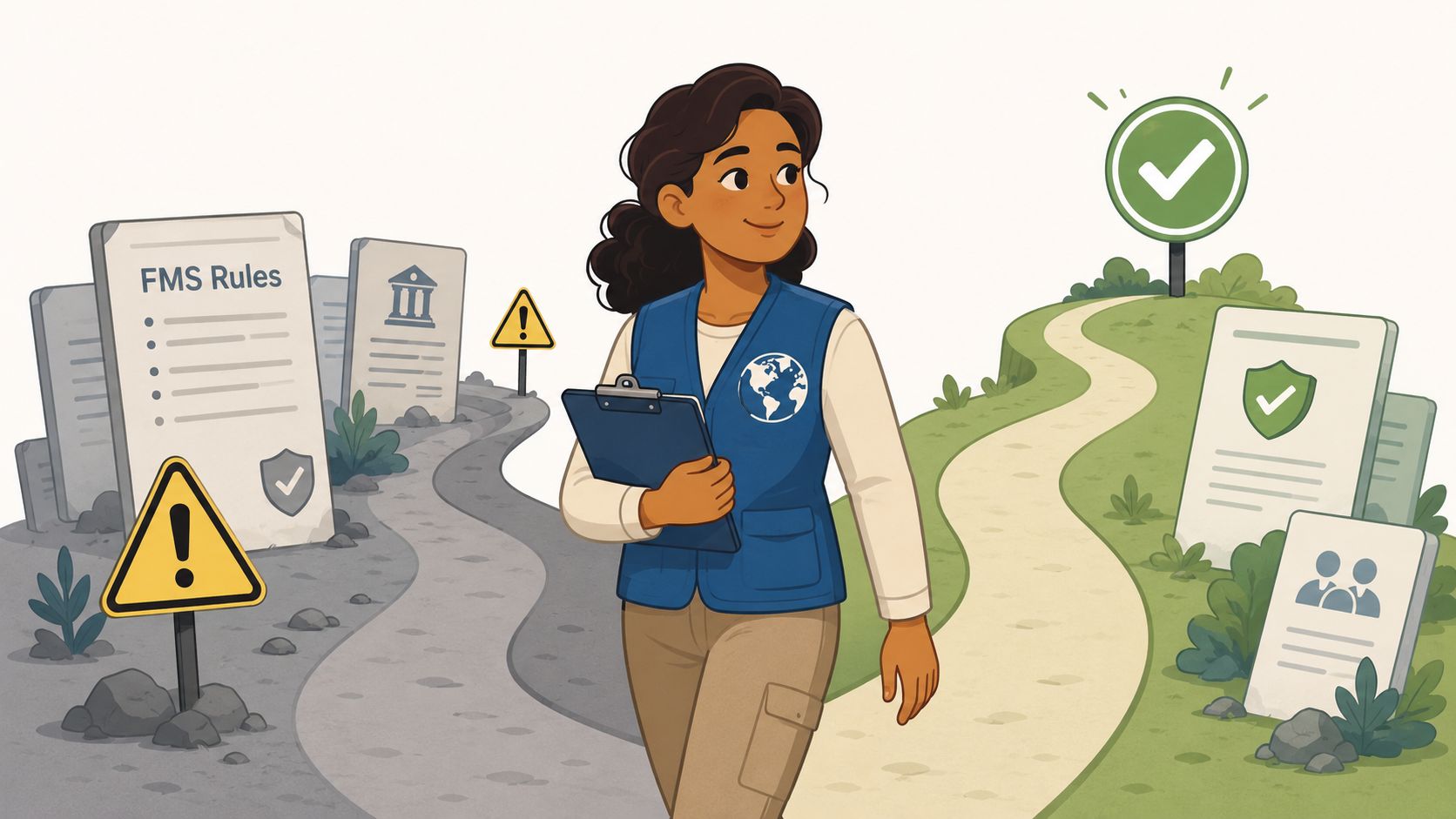 A professional woman holding a clipboard walks between a compliance-focused path and a compliant green path.