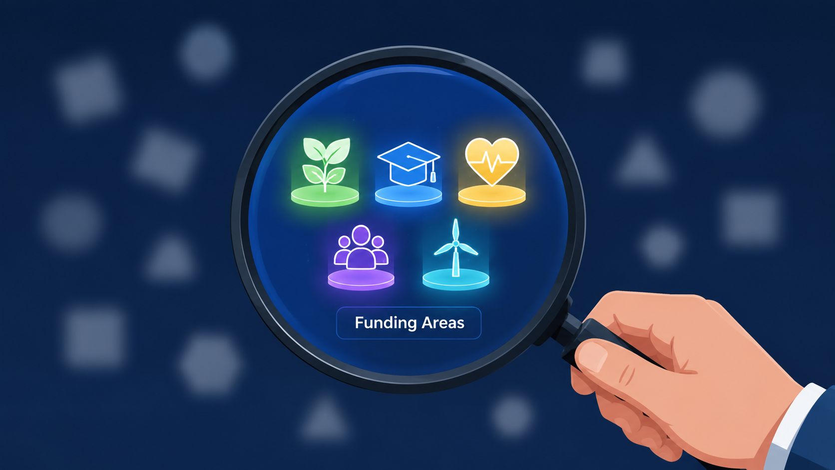 A hand holds a magnifying glass over five glowing icons representing different funding areas.