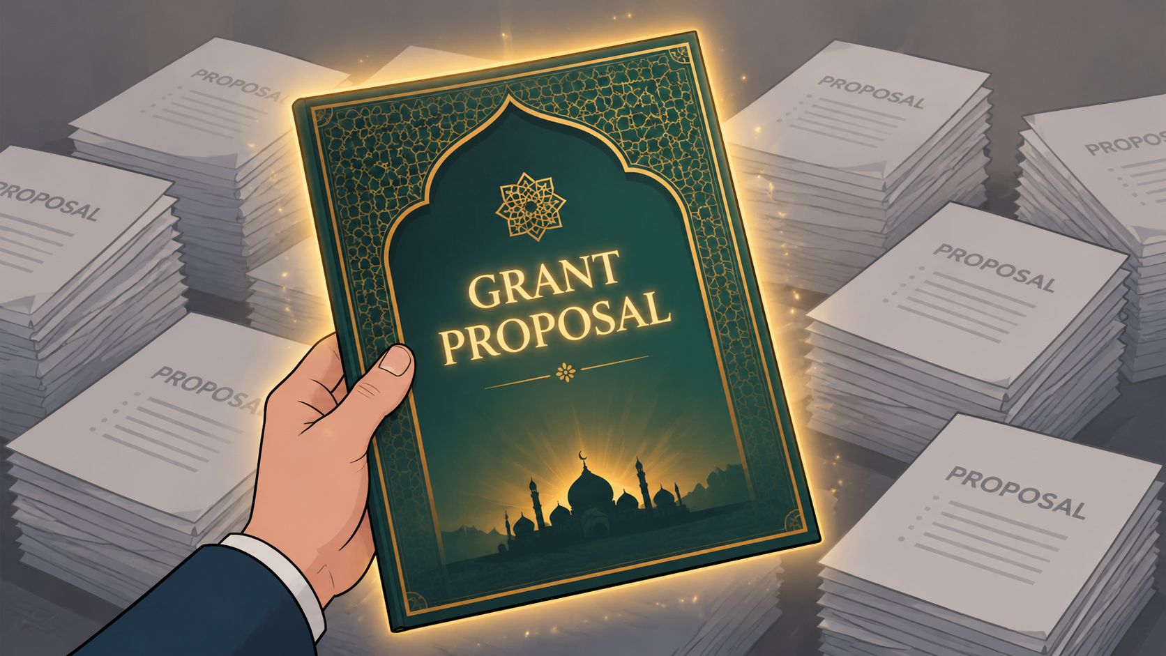 A hand holds a glowing, ornate grant proposal book featuring a mosque silhouette amidst stacks of paperwork.