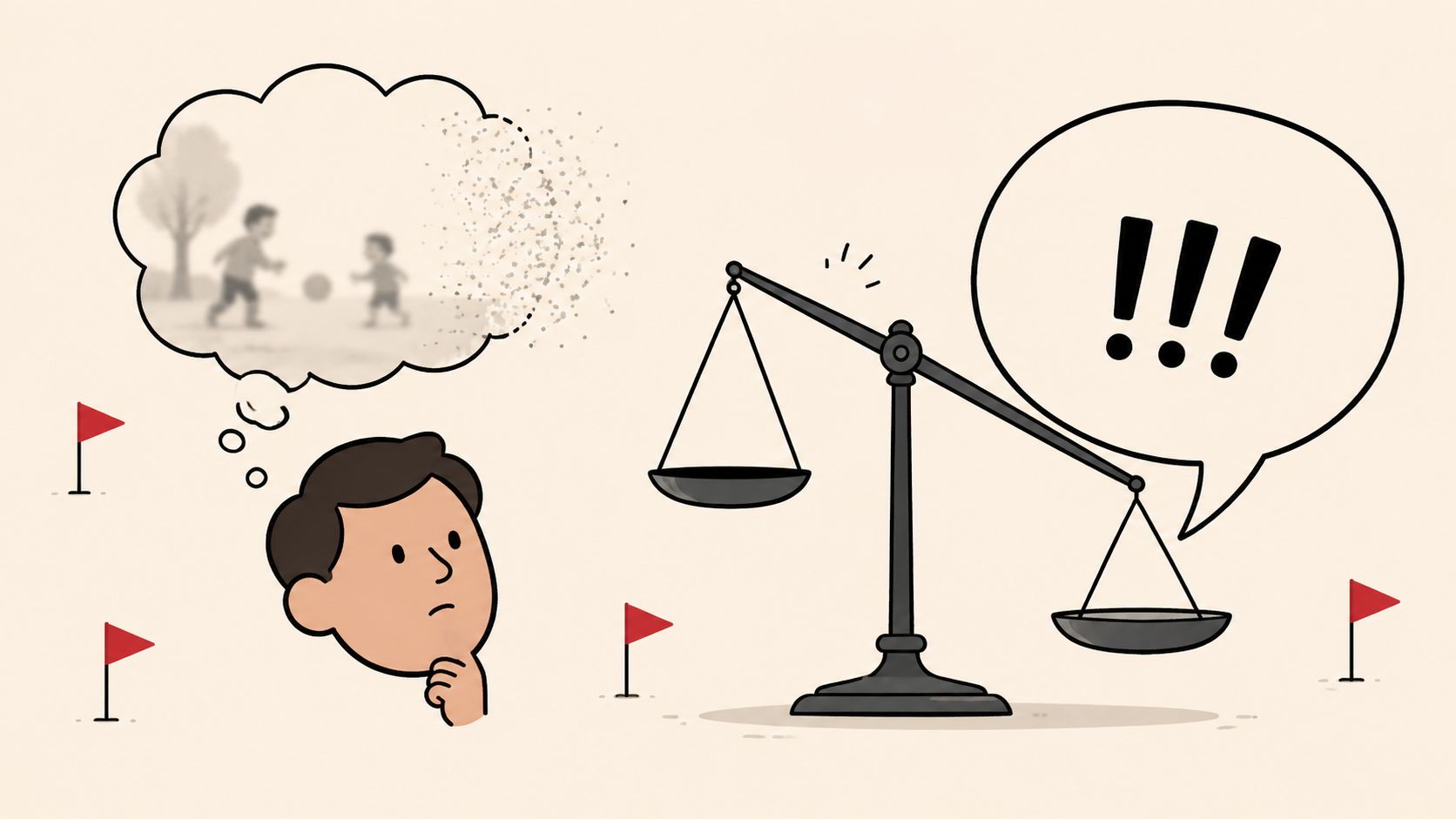 A person deep in thought reflecting on childhood memories depicted near a balance scale with exclamation marks.