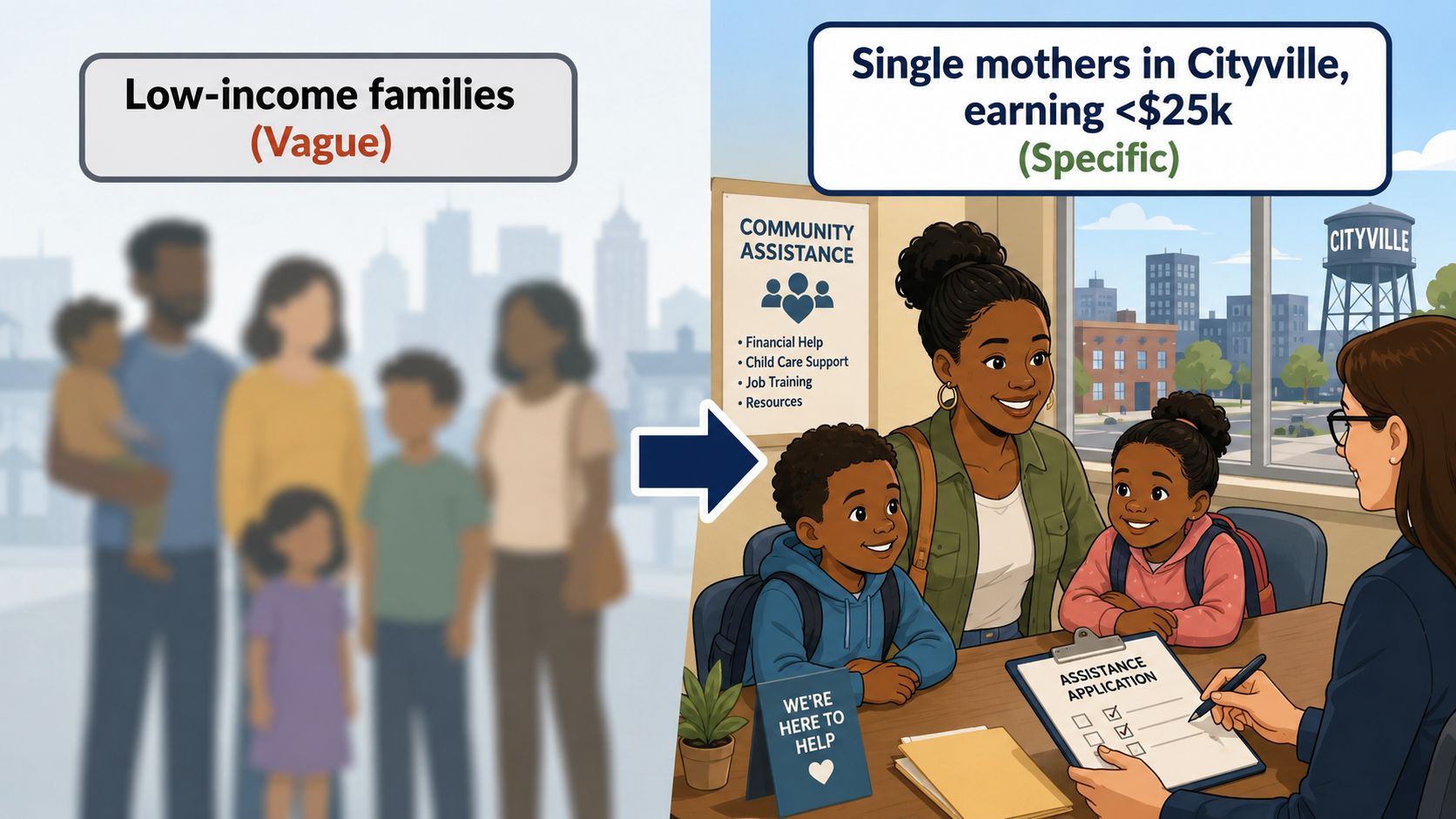 An illustration showing the shift from a vague target audience to a specific target population definition.