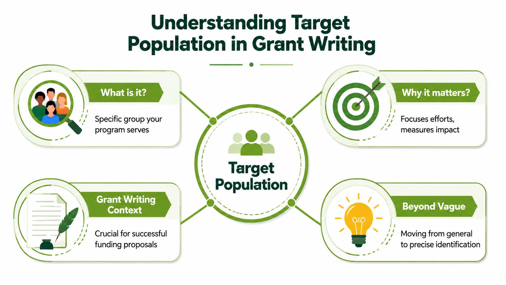 An infographic detailing the definition, importance, and identification of a target population in grant writing.